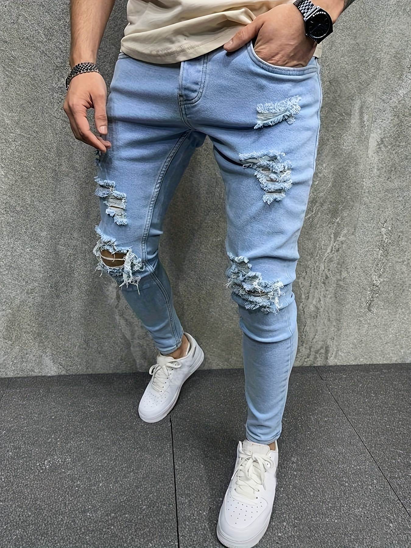 Slim Fit Ripped Tapered Jeans Men's Casual Street Style - Temu