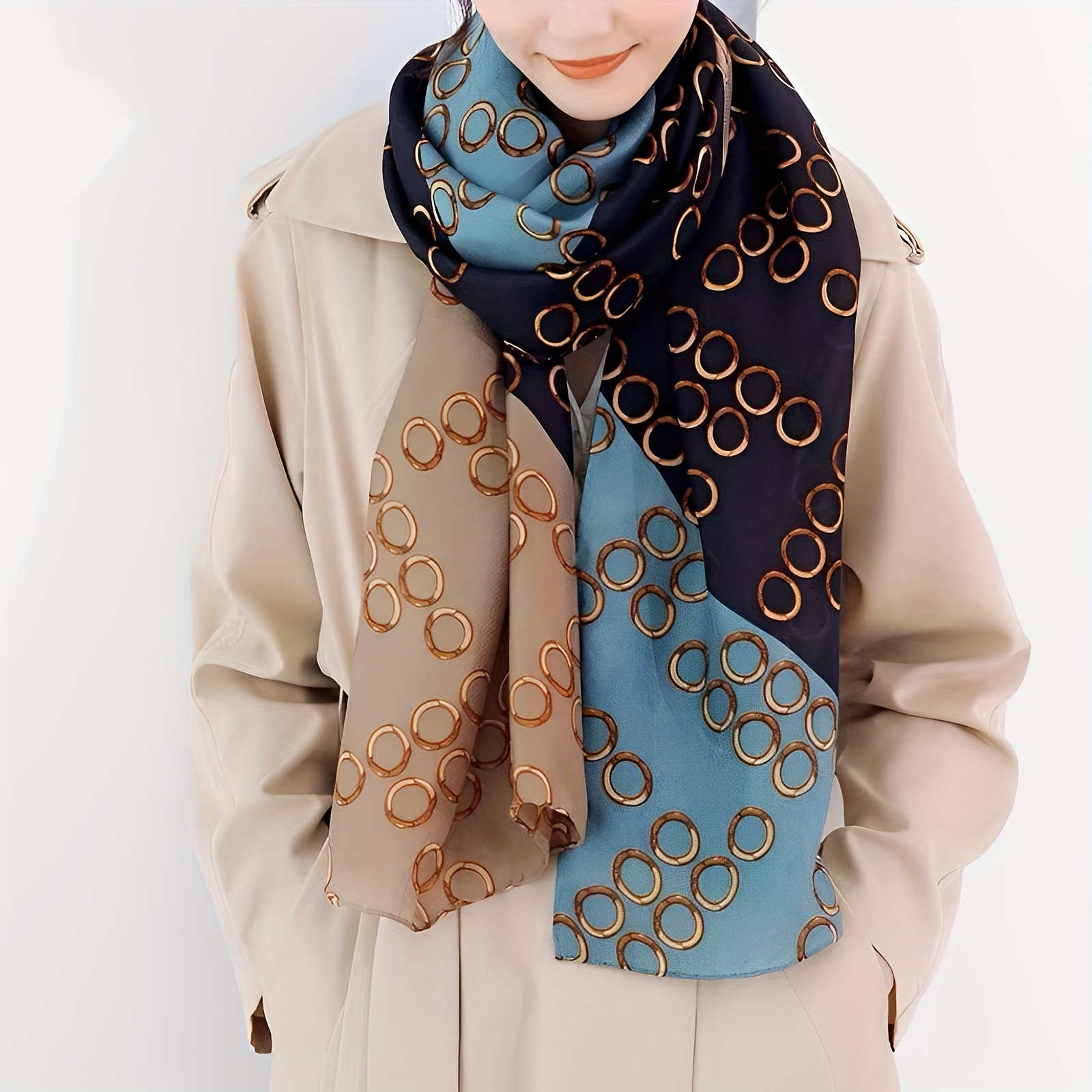 Geometric Round Ring Pattern Scarf 100% Mulberry Silk Long - Temu