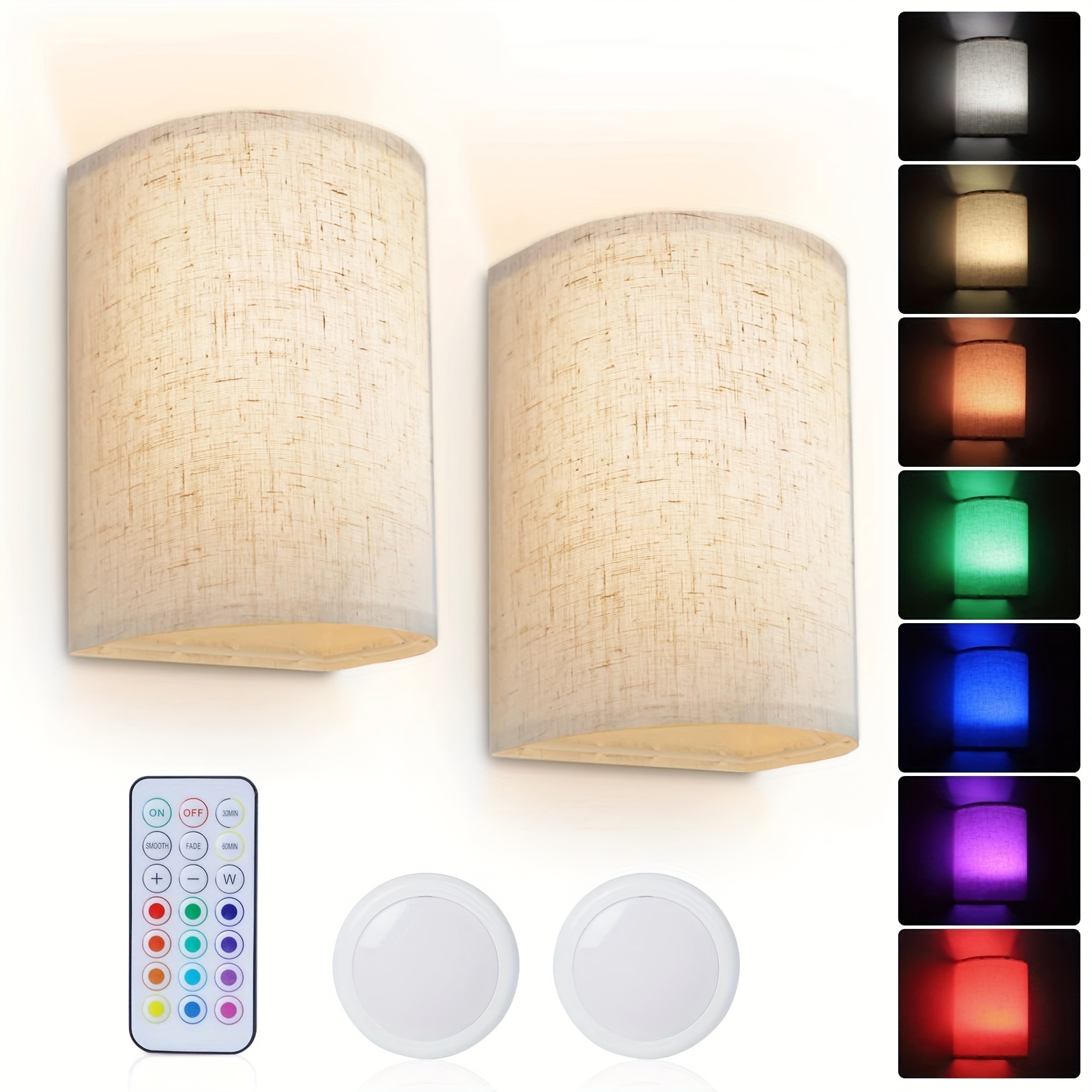 

2pack Battery Rechargeable Wall Sconce Set Of 2 With Fabric Shade Remote Control, 16 Rgb Colors Changeable Dimmable Wall Lamp Fixtures For Bedroom Living Room Hallway