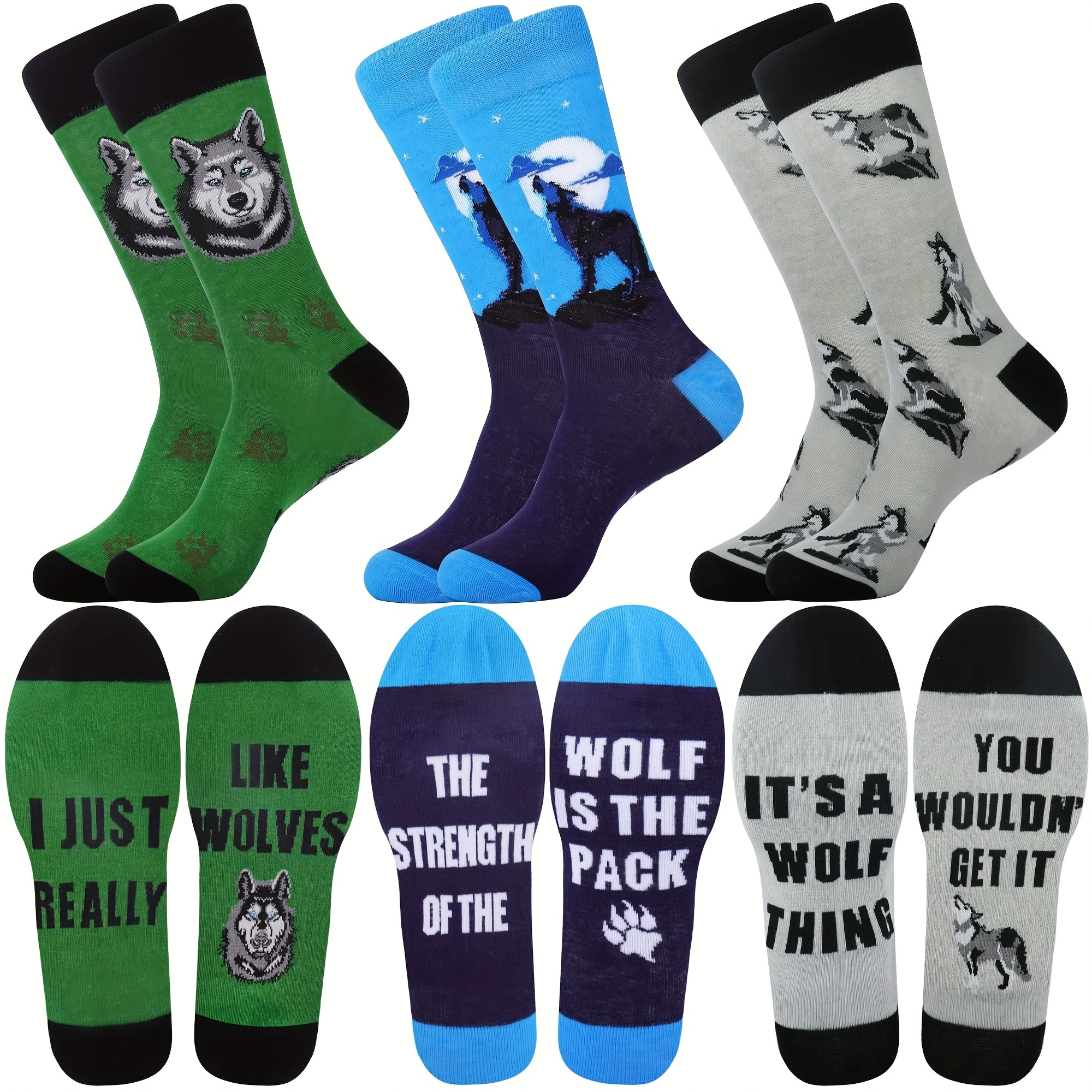 

3pairs Men's Funny Cool Sayings Wolf Print Cotton Comfortable Crew Socks, Novelty Happy Socks Gifts For Friends
