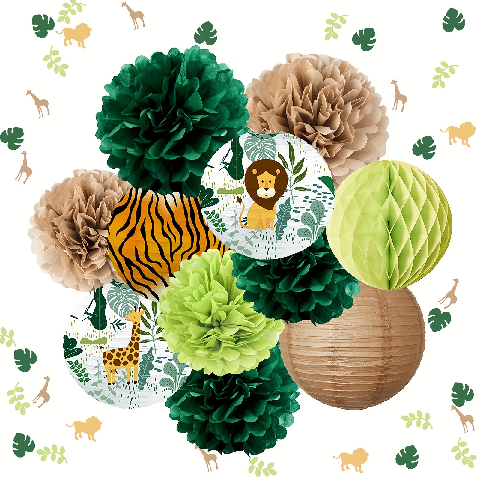 

12pcs, Jungle Theme Party Decorations, Paper Flowers, Paper Pom Poms, Paper Lanterns, Confetti For Tropical Forest Theme Party Home Room Decor