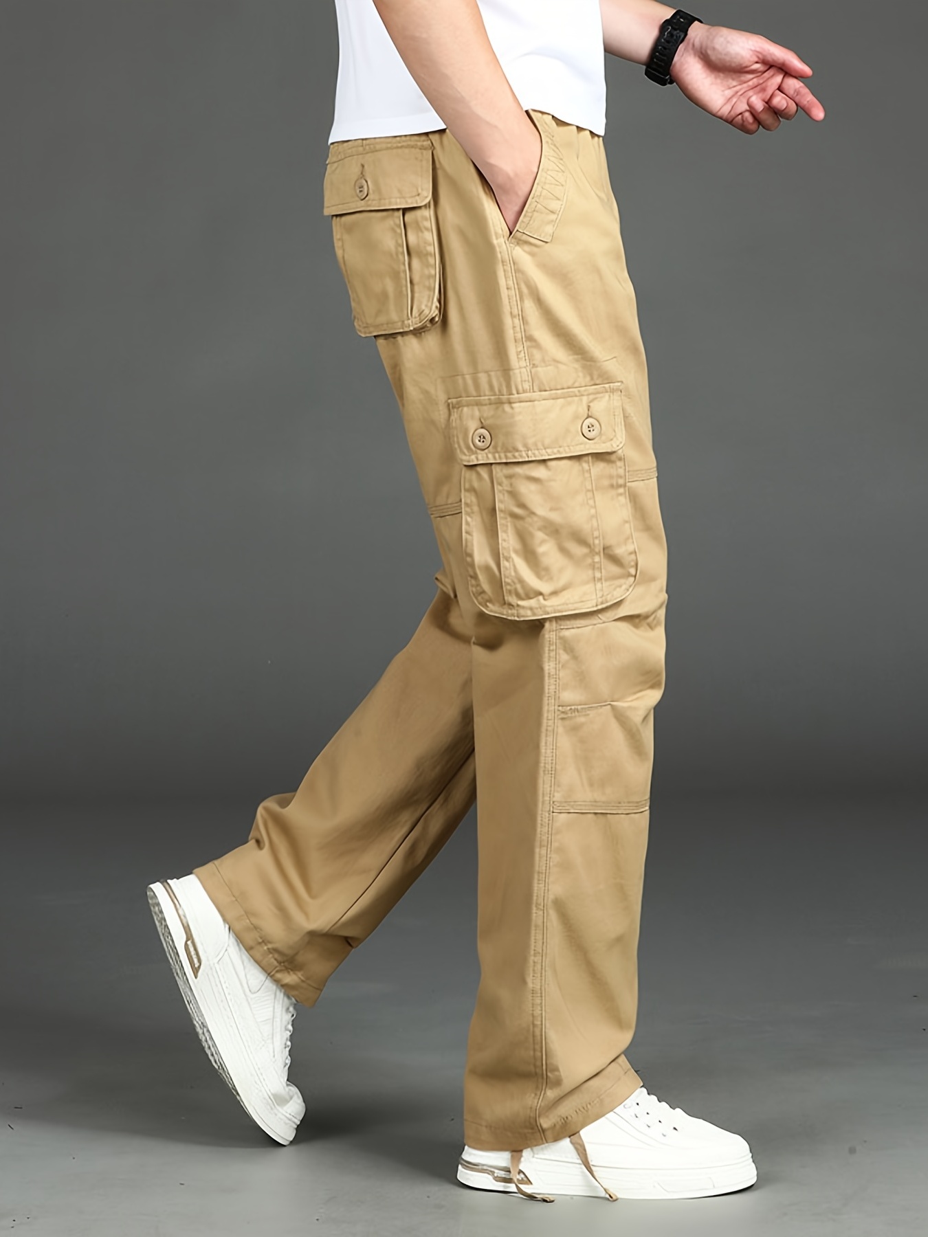 Men's Casual Loose Pockets Button Cargo Pants - Temu Canada