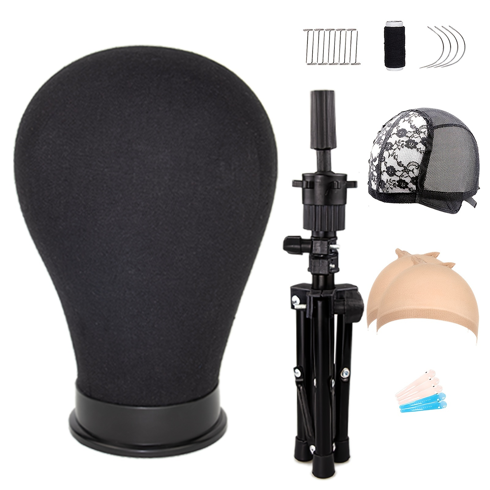 23 Inch Canvas Wig Head,Wig Stand Tripod with Head,Mannequin Head for Wigs  Making Display with Wig caps,T Pins Set,Bristle Brush(Black)