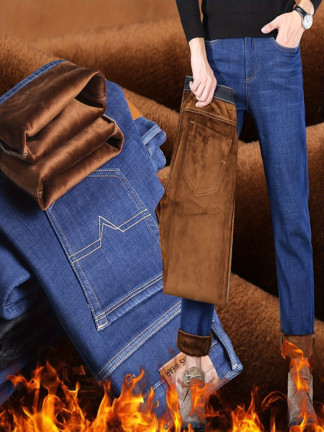 Fleece Lined Jeans For Men - Temu