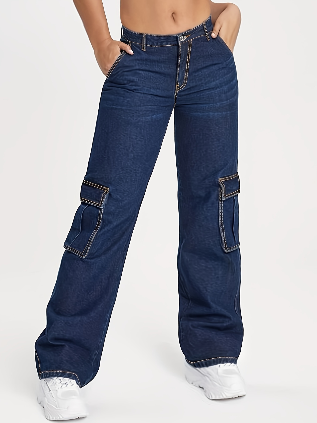 Plus High Waist Flap Pocket Side Strap Detail Cargo Jeans  Plus size cargo  pants, Wide leg jeans outfit, Jeans shirt for girl