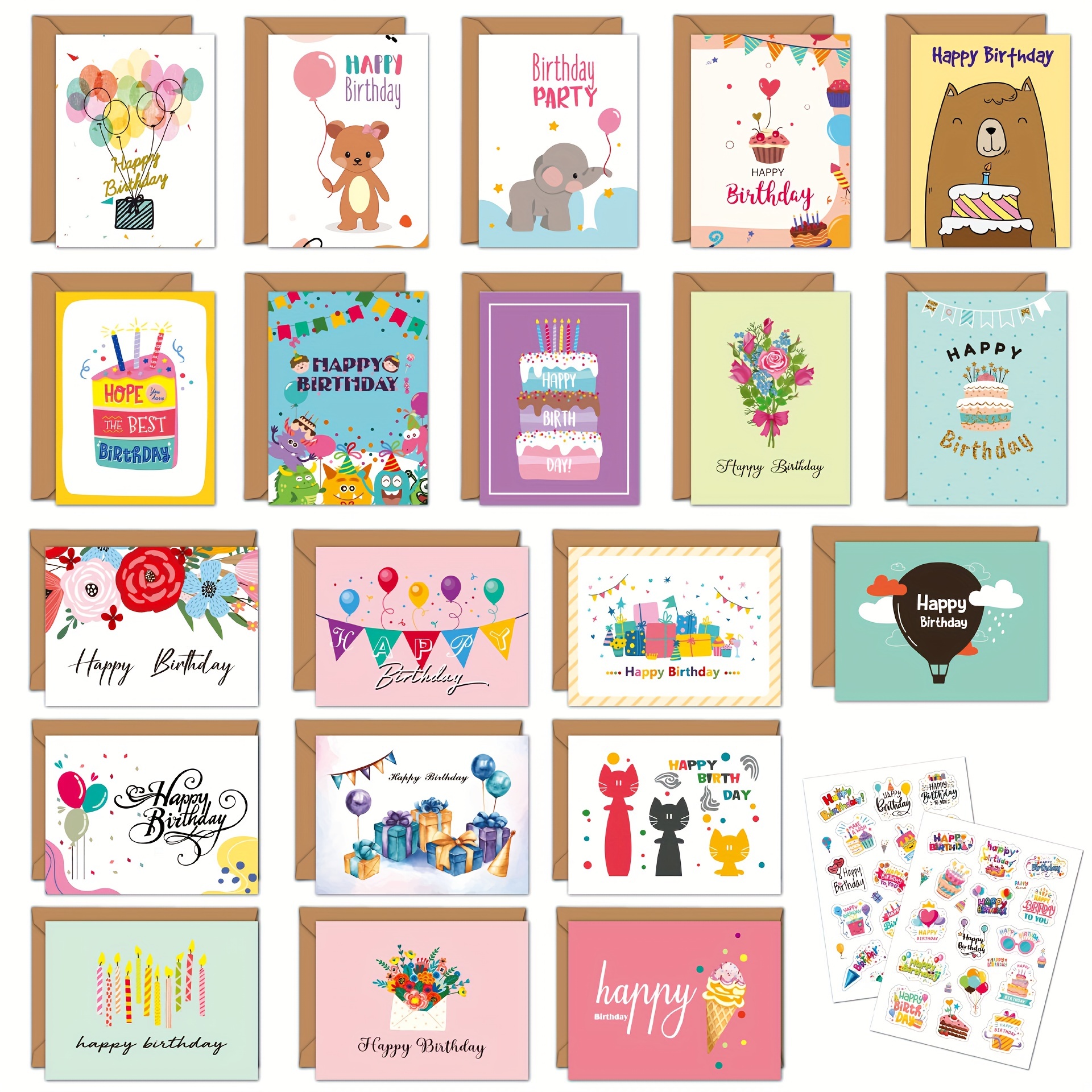 

20pcs Birthday Cards With Envelopes & Stickers Blank Happy Birthday Cards Assortment In Bulk For Family, Friends, Work & Office Celebrations