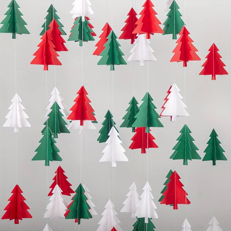 Lot De 2 Guirlandes De Noël 3D En Papier - 6 Mètres Total, Arbres Rouges Verts Blancs - Décoration Sapin Et Mur