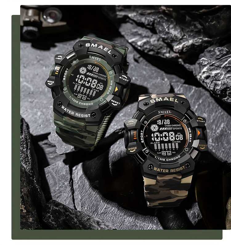   sports digital wristwatch for outdoor mountaineering led night light multifunctional alarm calendar watch with large dial camo strap details 10