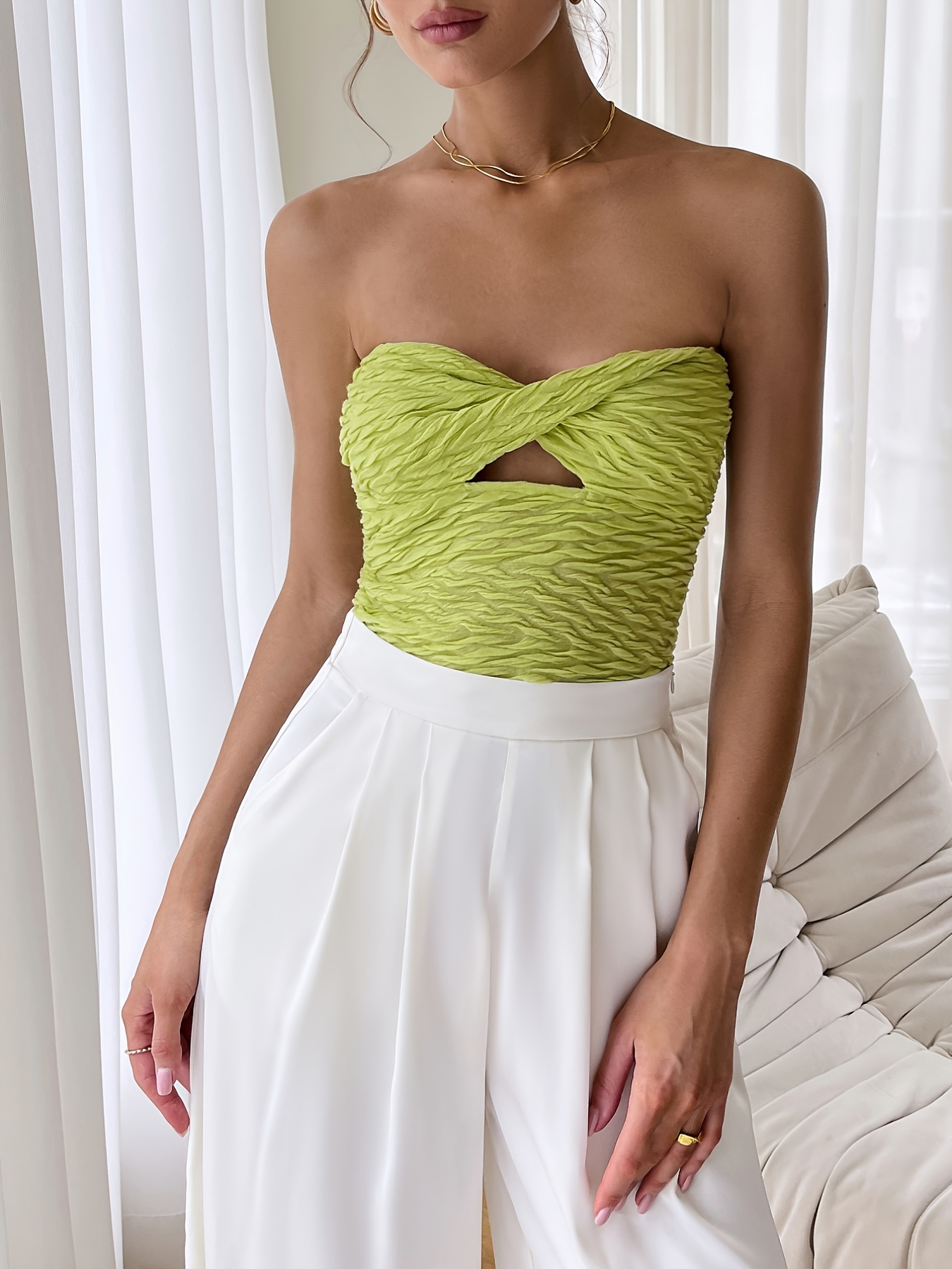 Twist Front Pleated Tube Top Top Bandeau Casual Strapless - Temu Portugal