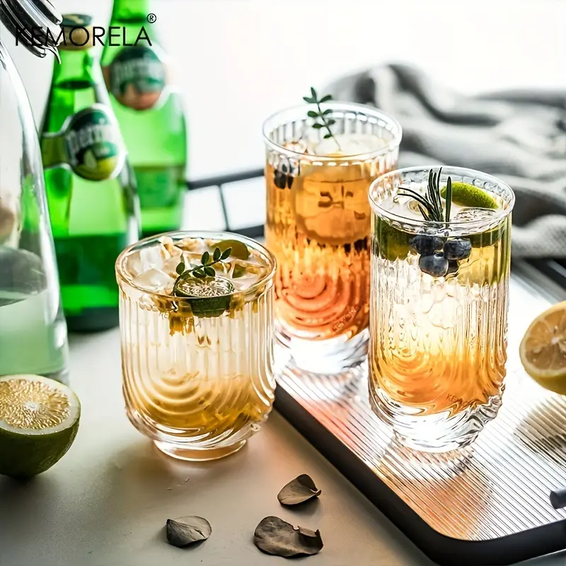 4PCS 8/12 Oz Ribbed Glass Juice Cup Drink Mug Vintage Glassware Highball  Glasses For Water Latte Coffee Whiskey Beer Wine Cocktail Cups Summer Winter