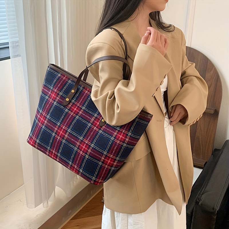 Women's Plaid Pattern Shoulder Tote Bag