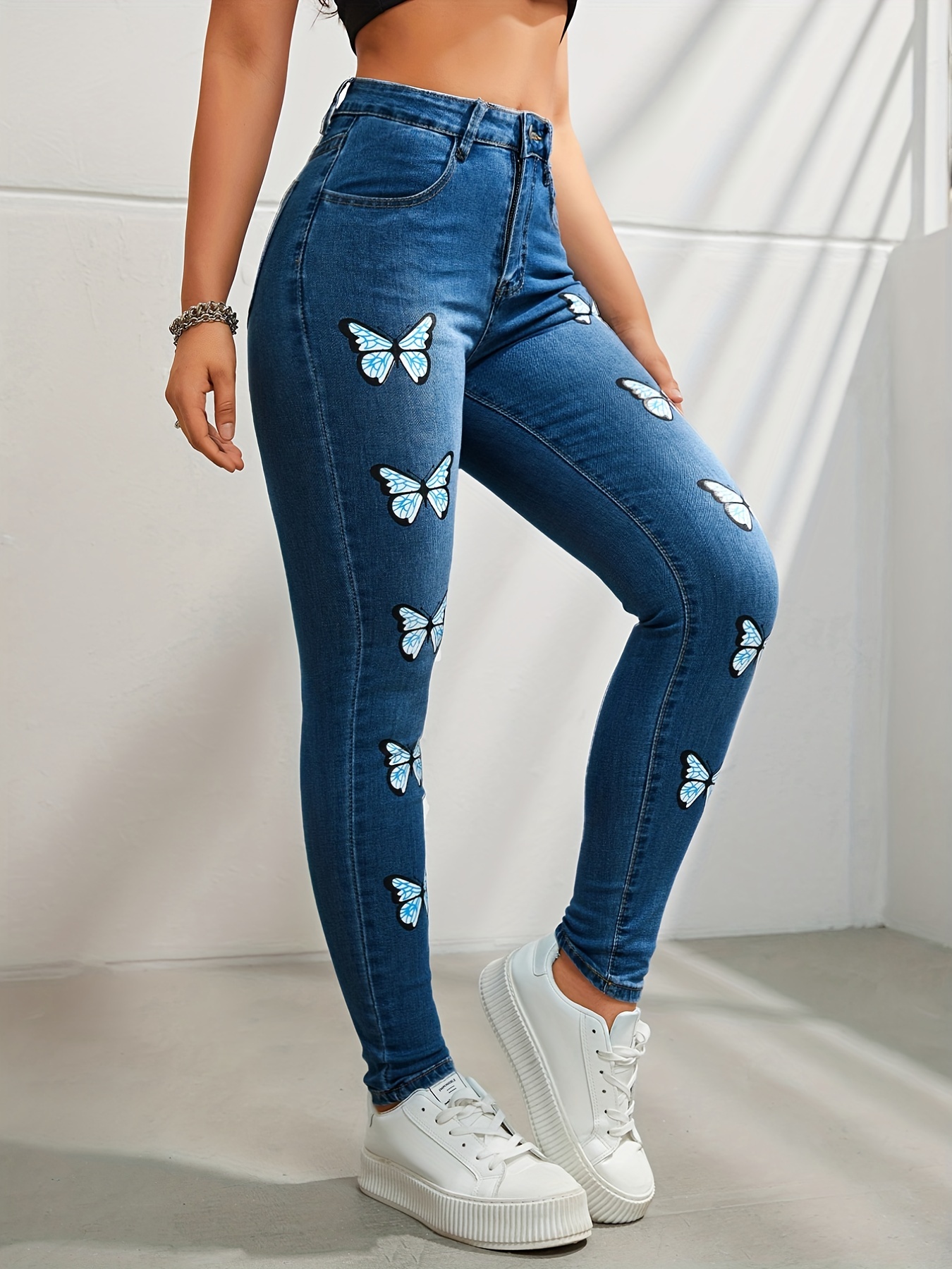 Butterfly Print High Stretch Skinny Jeans Slash Pocket Y2k - Temu