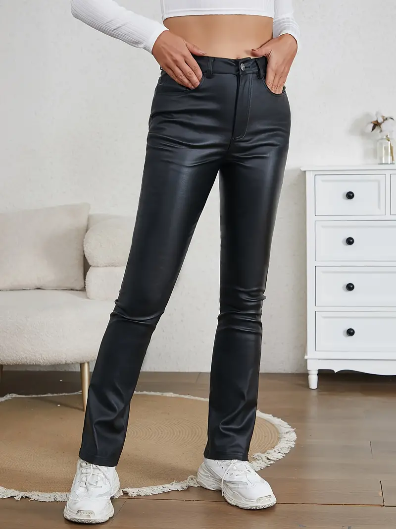 Women's Leggings Black Faux Leather High Waist Leggings - Temu