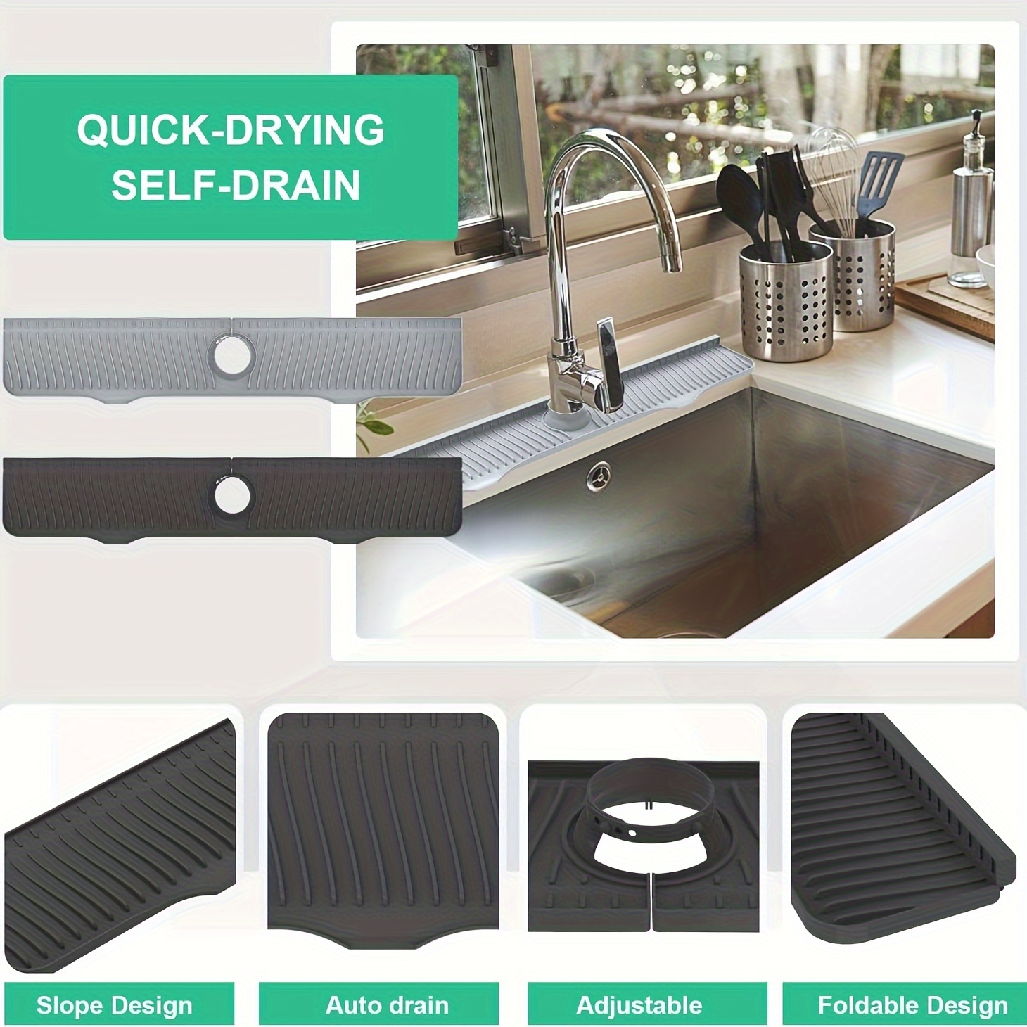 1pc Kitchen Sink Mat, Bathroom Countertop Mat, Self-Draining, Non-Slip,  Non-Stick, Silicone Dish Drying Mat