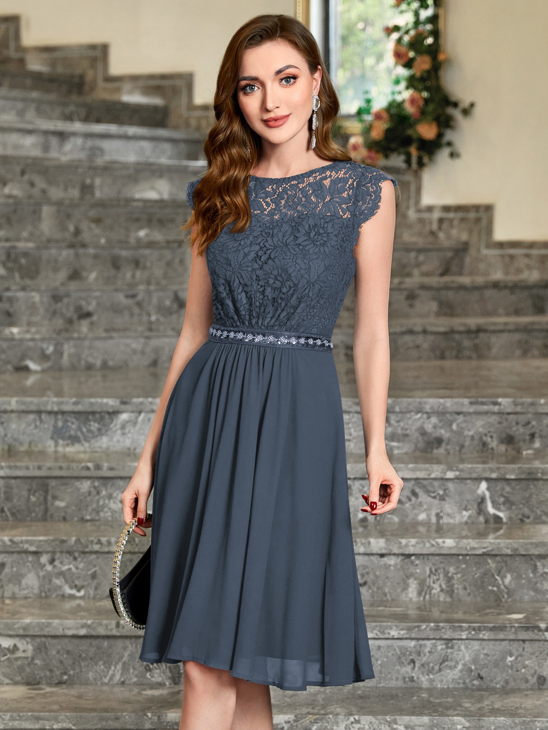 Blue lace hotsell knee length dress