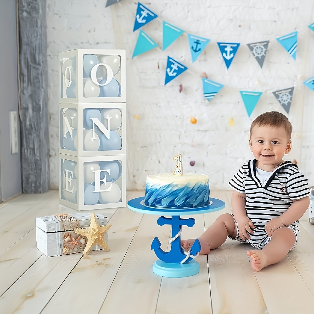 One Boxes for 1st Birthday WITH 24 Balloons for 1 Year Old Party - Baby  first Birthday Decorations Clear Cube Blocks 'ONE' Letters as Cake Smash