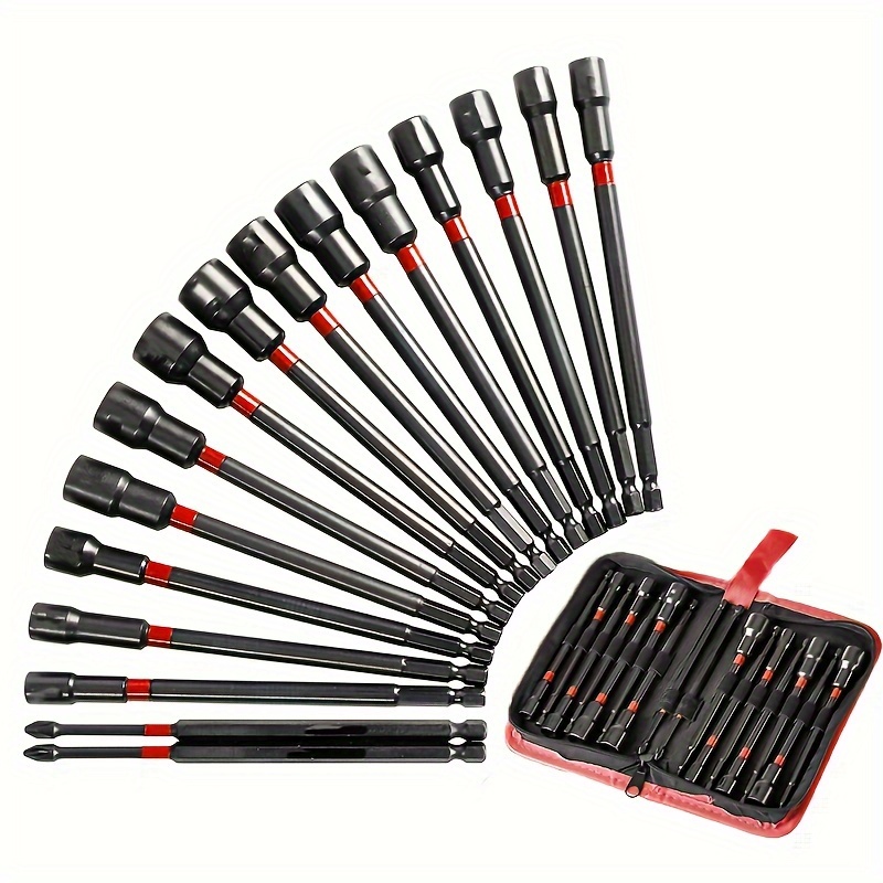 

16pcs Magnetic Nut Driver Set, Long Nut Drivers 6inch, Metric & Sae Nut Drivers For Impact Drill, 1/4"hex Shank, Ph1, Ph2, With Storage Bag