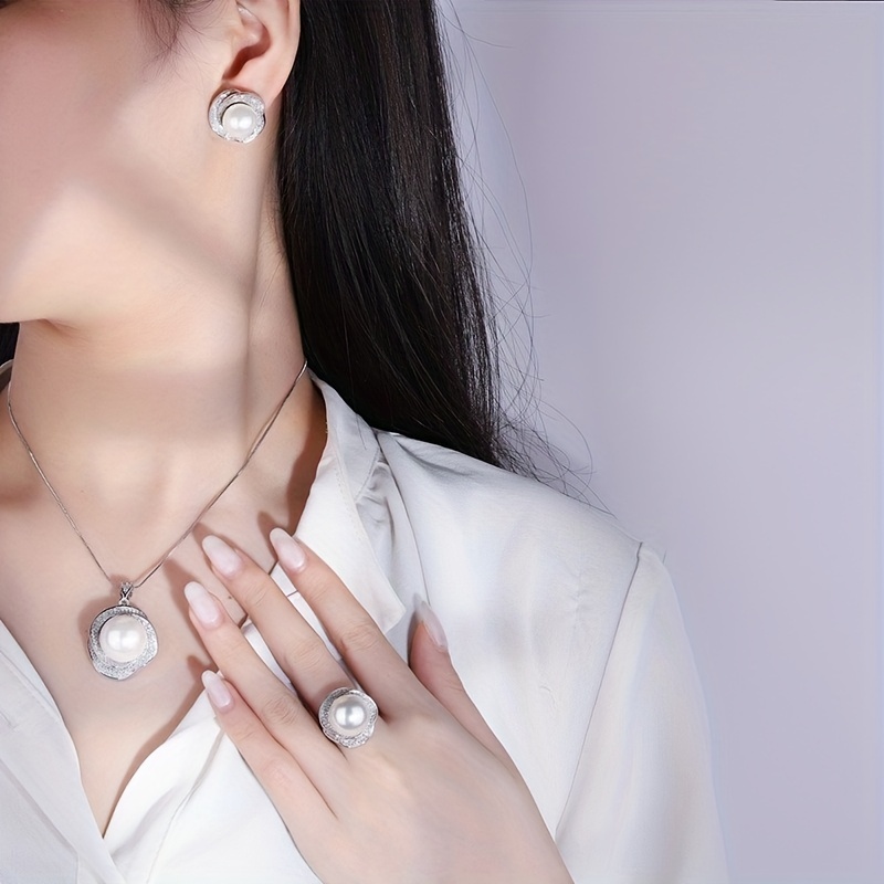 Rhinestone & Pearl Ring Earrings Necklace Set
