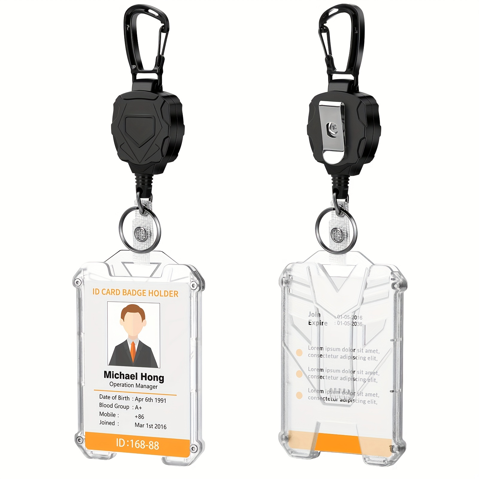 Retractable Reel Clip Badge Holder ID Card w/ Key Ring Carabiner Heavy Duty  Gift