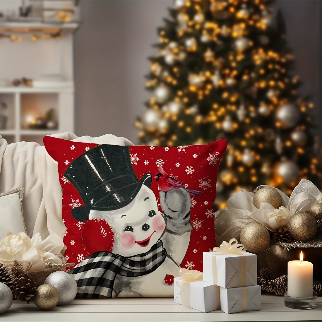 4pcs Christmas Tree Snowman Elk Santa Claus Geometric Plaid Pattern Printed  Polyester Fabric Throw Pillow Case, Bedroom Office Sofa Farmhouse Home Dec