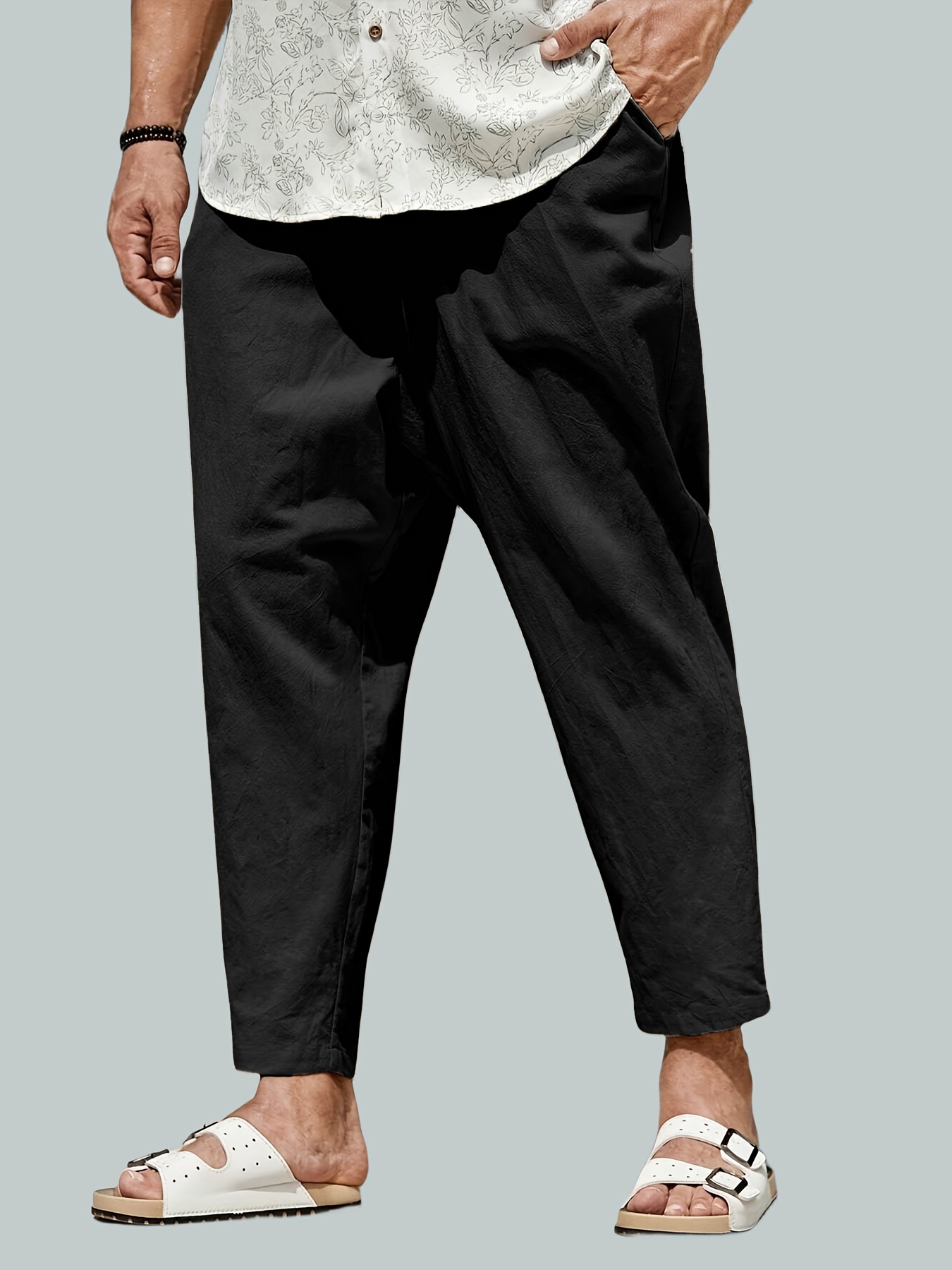 Mens Black Cargo Trousers Fashion Drawstring Hip Hop Harem Cropped Casual  Pants 