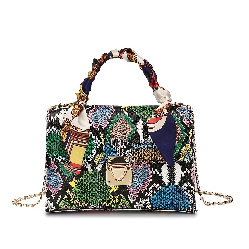 Luxury Snakeskin Pattern Shoulder Bag, Trendy Chain Crossbody Bag, Vintage  Colorful Square Purse For Women - Temu