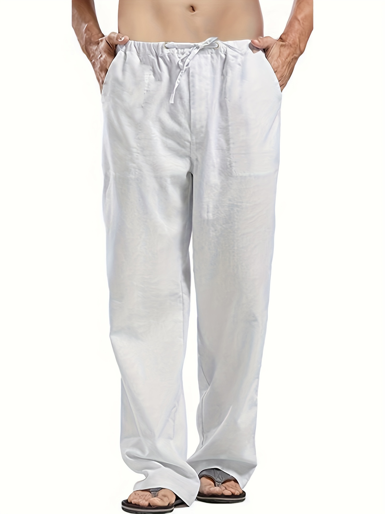 Men Vintage Cotton Linen Long Pants Loose Casual Elastic Waist Linen  Trousers