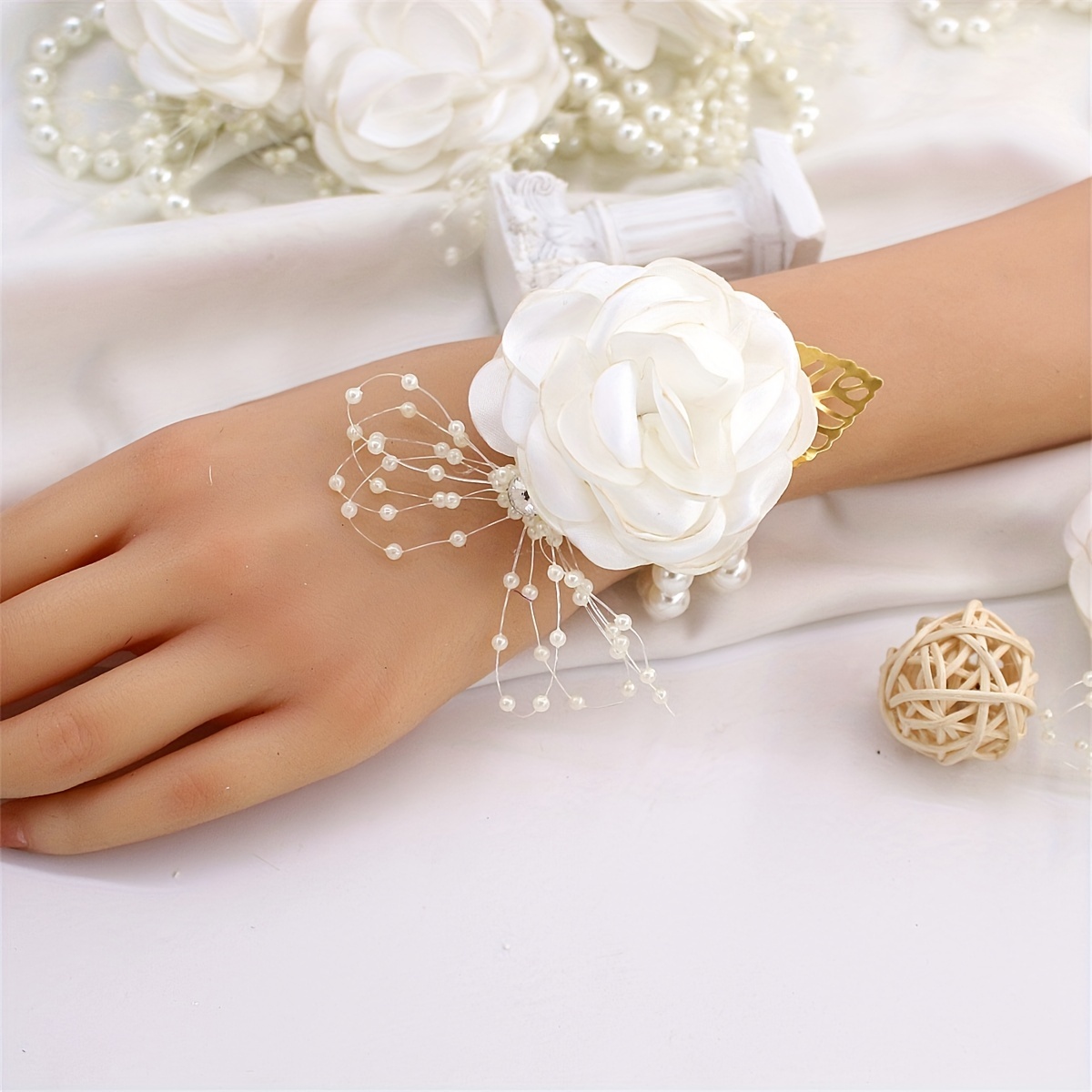 Guqqeuc Rose Wrist Corsage with Stretch Pearl Bracelet for Bridesmaid  Flower Wrist Wristband for Girls Wedding Corsage Hand Flower for Wedding  Prom