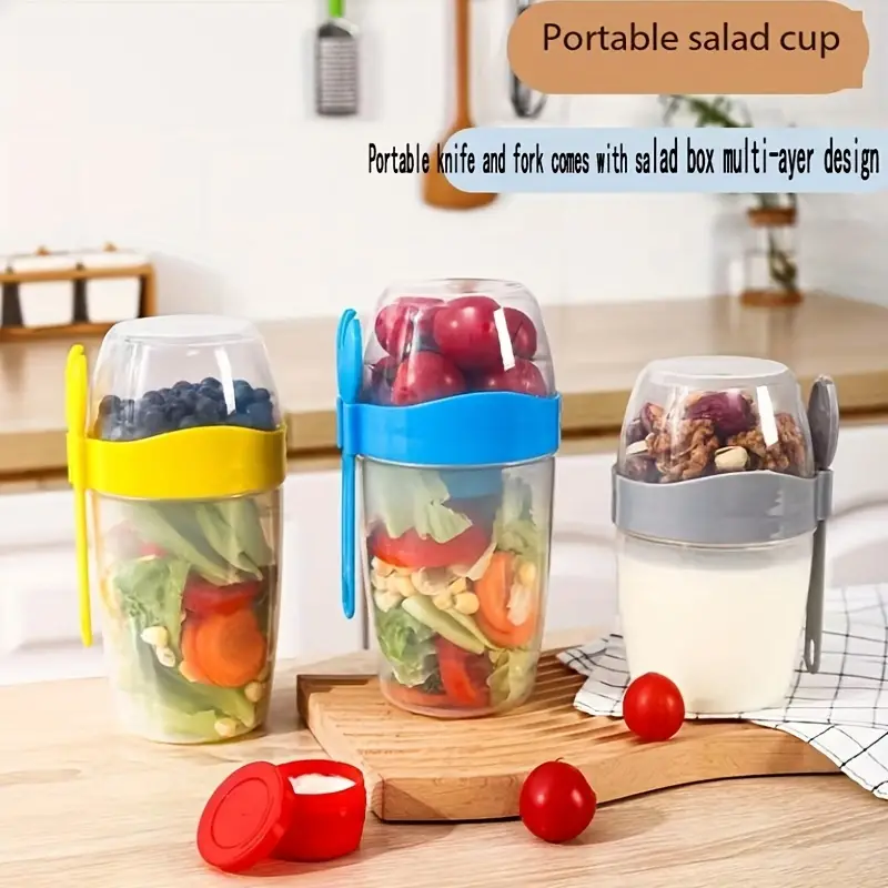 Leakproof Bpa Free Portable Double-layer Breakfast Cup With Fork - Perfect  For Yogurt, Oatmeal, Milk, Salad & Lunch! - Temu