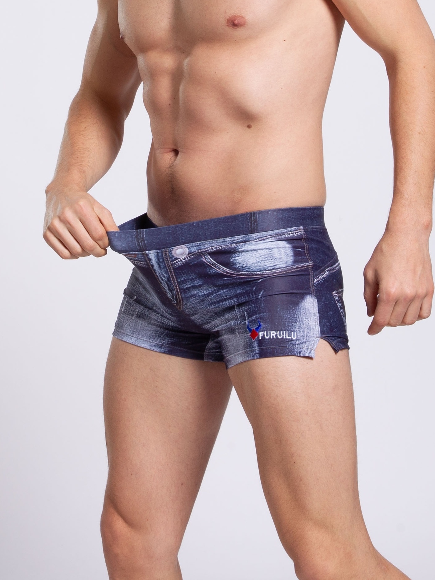 Mens Print Fake Jeans Denim Boxer Briefs Underwear Shorts Swim Trunks  Swimsuit
