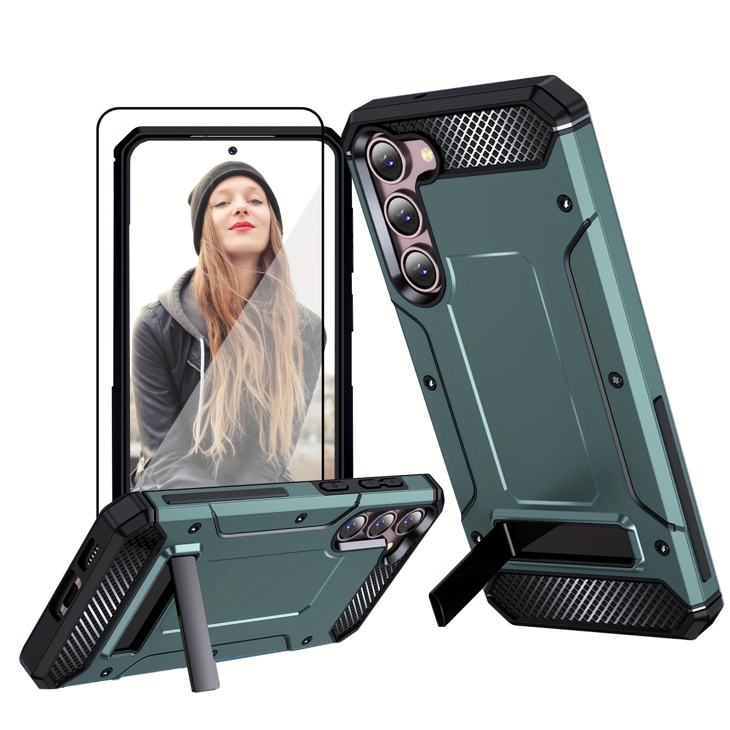 Funda para Samsung Galaxy S22, con protector de pantalla de vidrio  templado, funda protectora de cuerpo completo resistente con soporte, funda  3 en 1
