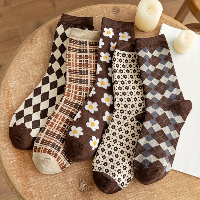 

5 Pairs Floral & Plaid Print Socks, Retro College Style All-match Socks, Women's Stockings & Hosiery