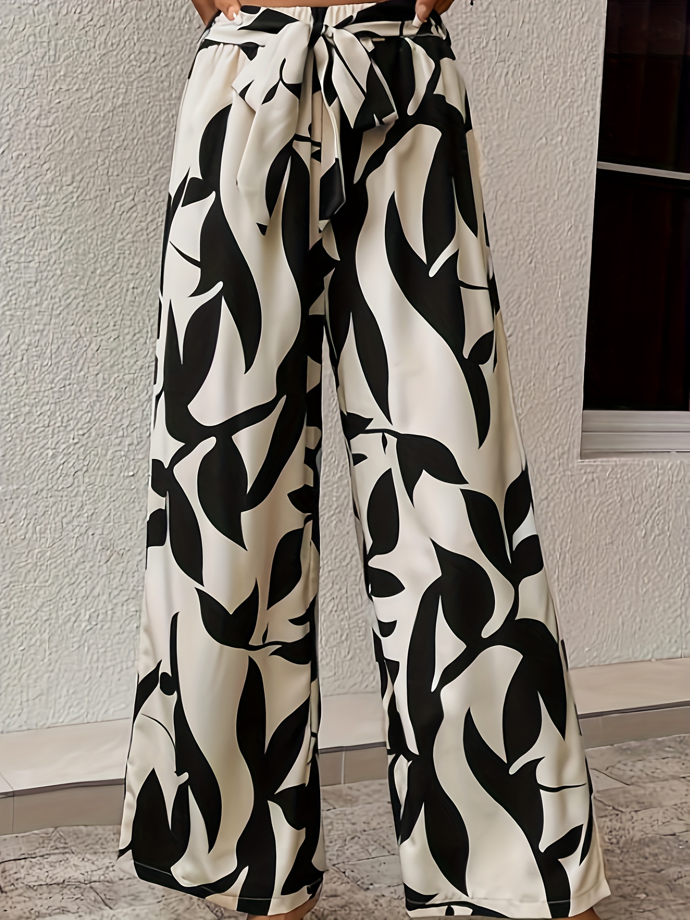 Floral Print Wide Leg Pants Casual Tie Front High Waist - Temu Canada