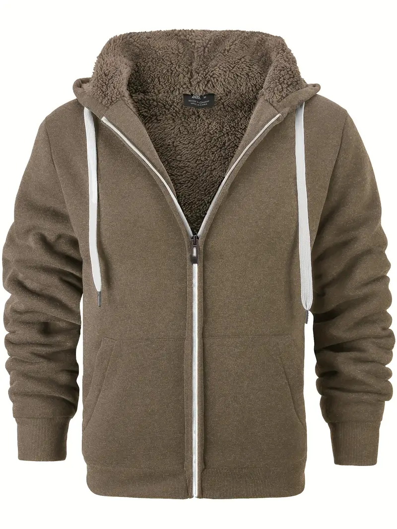 Solid Thermal Fleece Hooded Jacket Men Casual Long Sleeve - Temu
