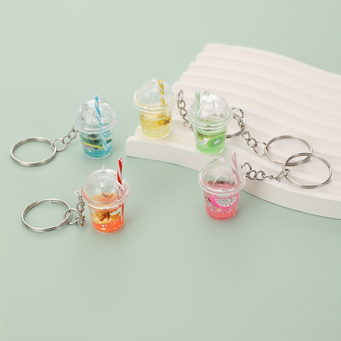 Creative Keychain Milk Tea Drink Cup Keyring Small Resin Fruit Drink Cup  Bottle Charms Bag Pendant Jewelry Women Girl Gift(Green)