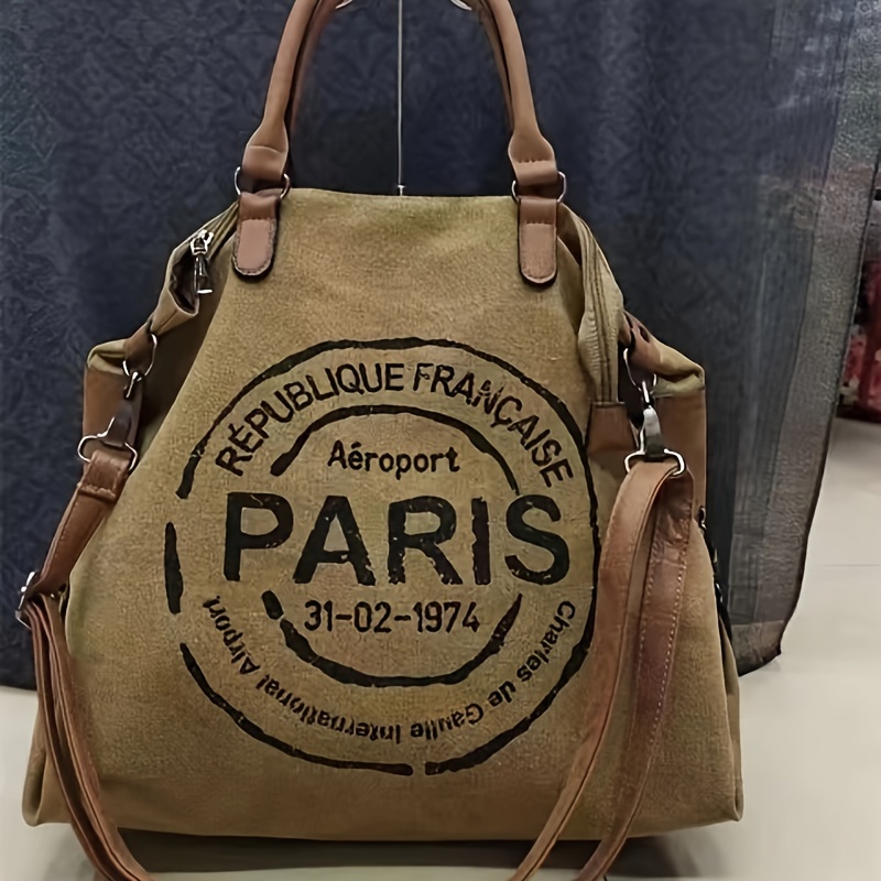 

Vintage Paris Print Canvas Tote Bag, Large Capacity Shoulder Crossbody Satchel, Retro Style Daily Use Handbag