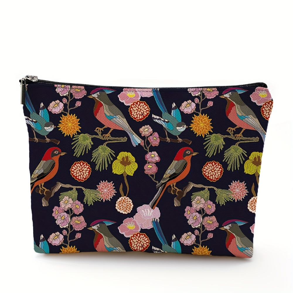 

1pc Beautiful Floral Birds Pattern Linen Storage Bag, Toiletry Bag, Portable Cosmetics Bag, Gifts For Women, Gift For Someone Who Loves You