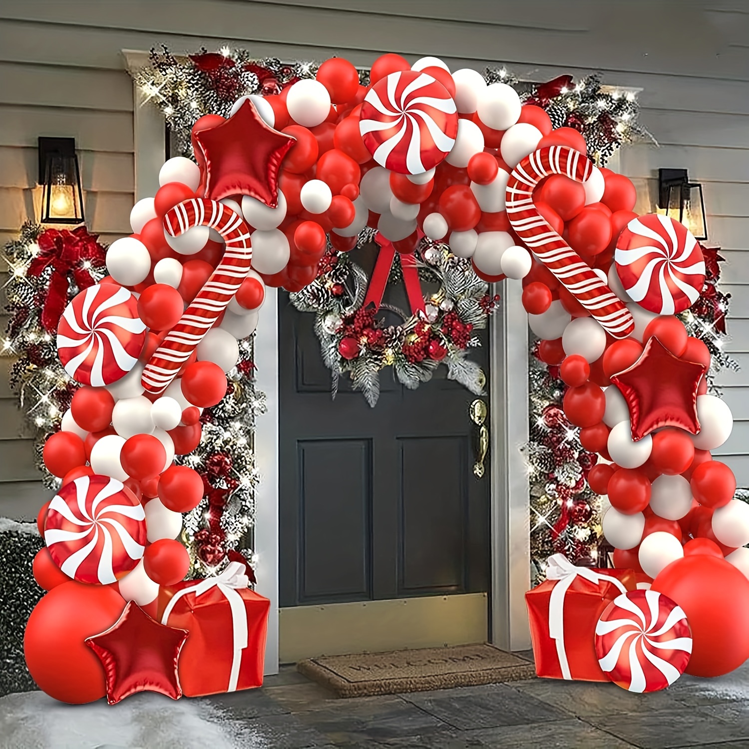 Guirnalda de globos de Navidad, 86 piezas de arco de globos de Navidad rojo  y verde con sombrero de Navidad y globo de aluminio de bastón de caramelo