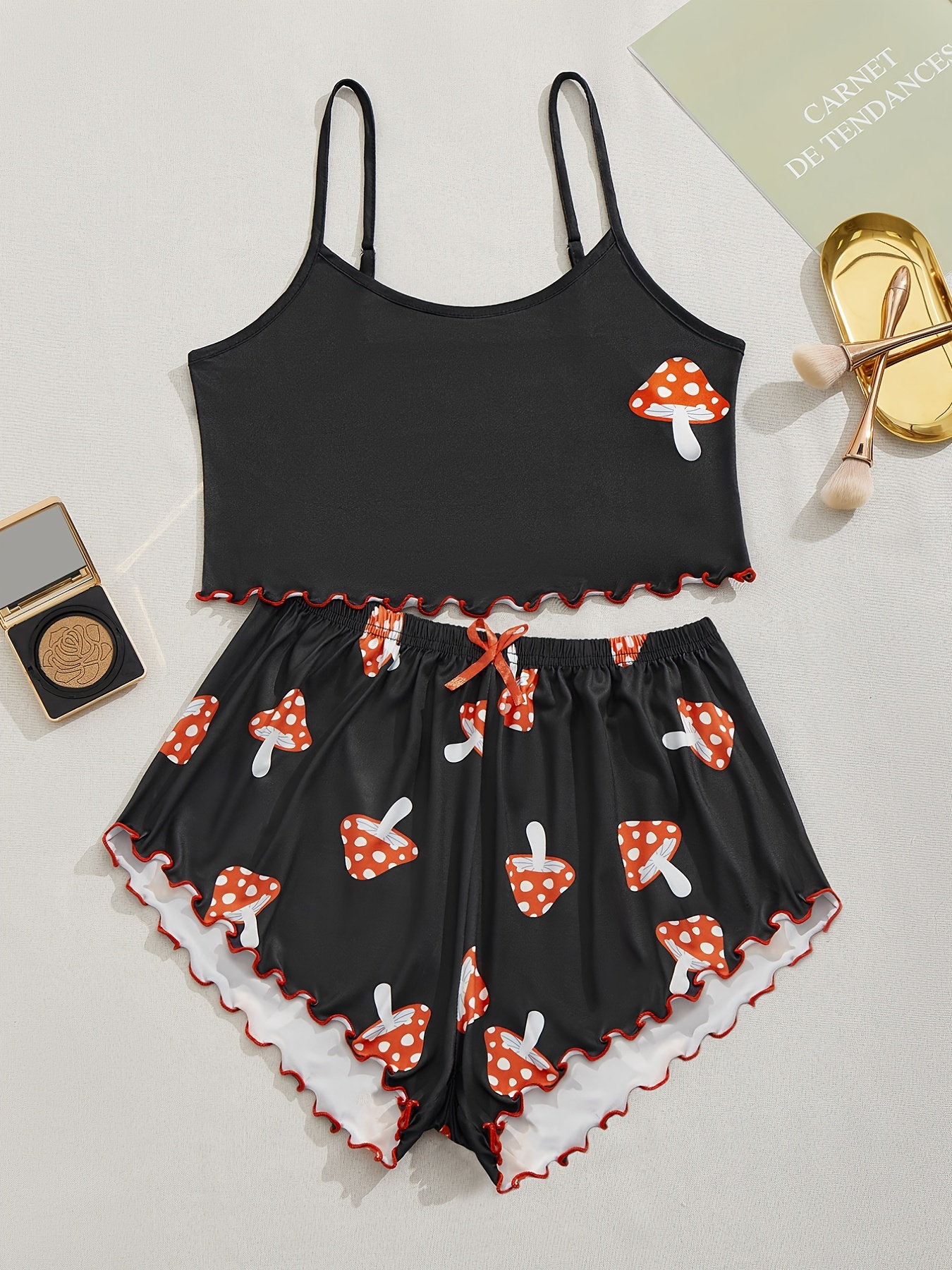 Cartoon Cow Print Pajamas Set Lettuce Trim Cami Crop Top - Temu Canada