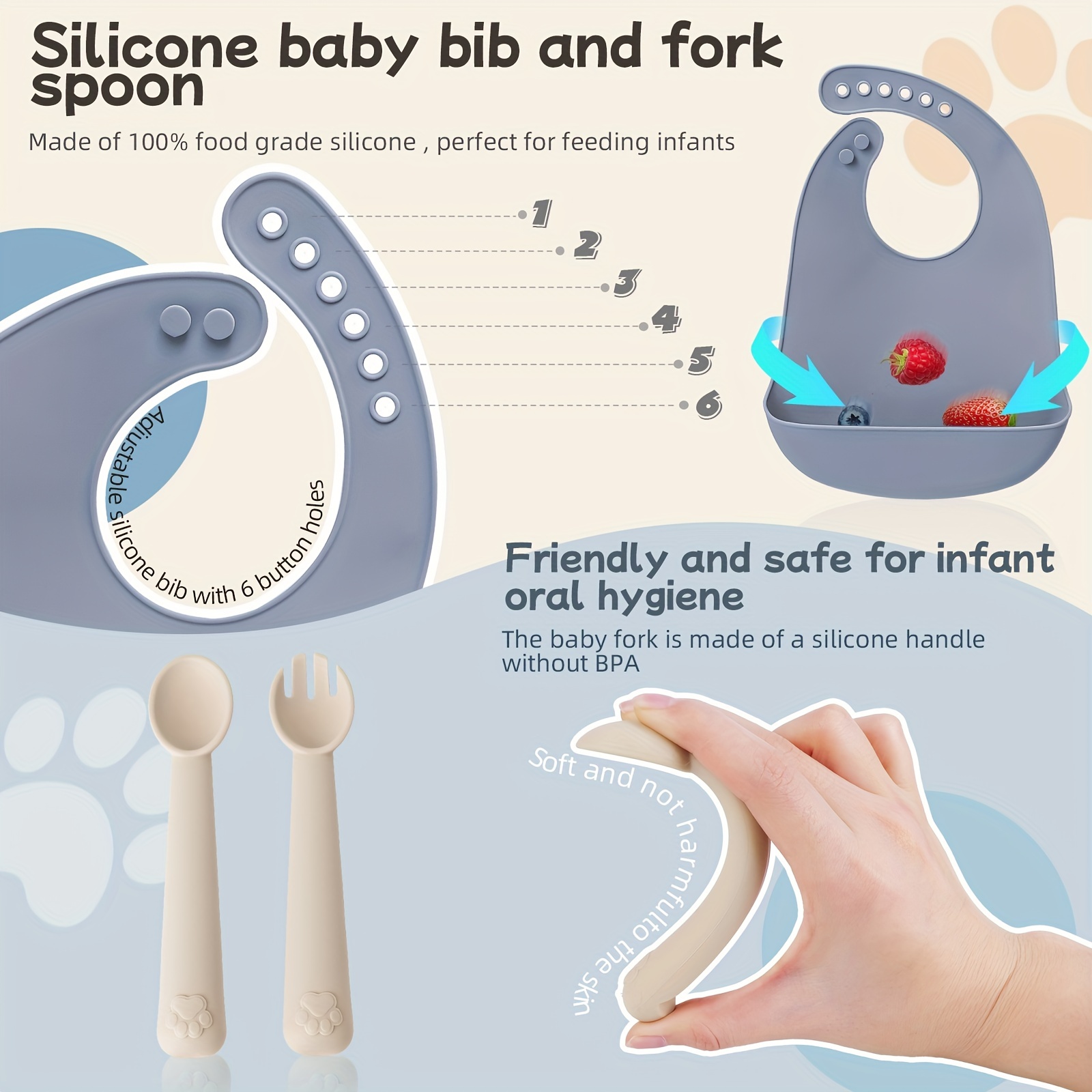 Baby Feeding Set, Toddler Silicone Feeding Set, Baby Dish with Suction,  Adjustable and Waterproof bib, Soft Spoon and Fork, Divided Tableware Set.