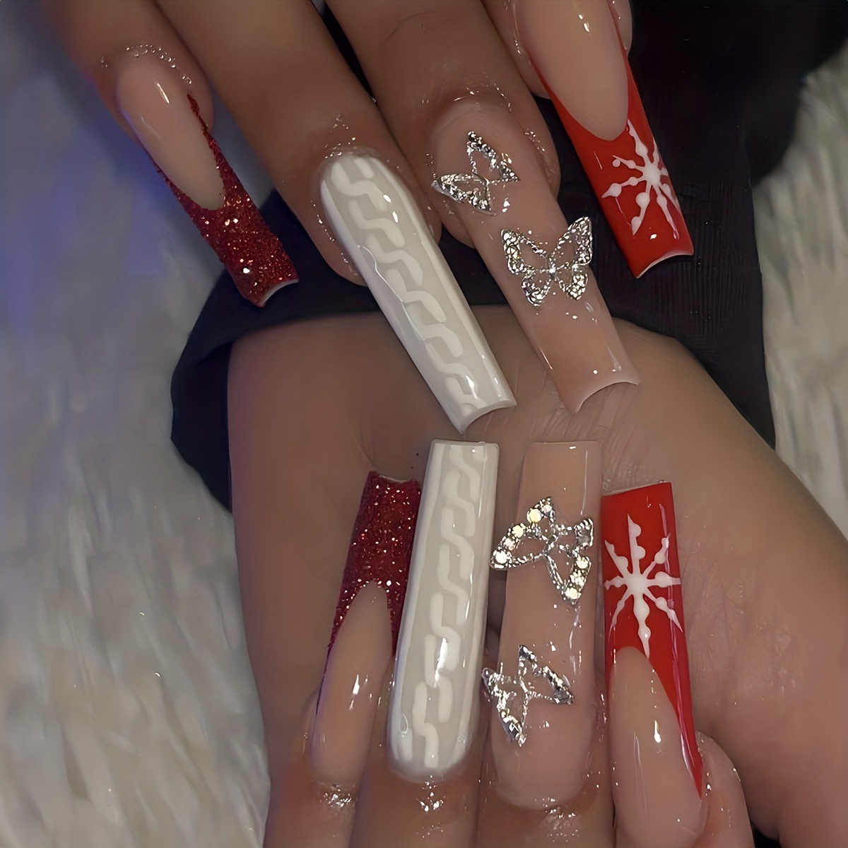 Glossy Long Square Fake Nails Red Glitter French Tip - Temu