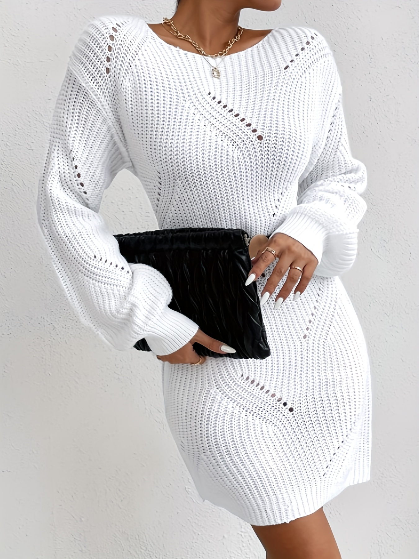 Solid Rib Knit Sweater Dress Casual Crew Neck Long Sleeve - Temu