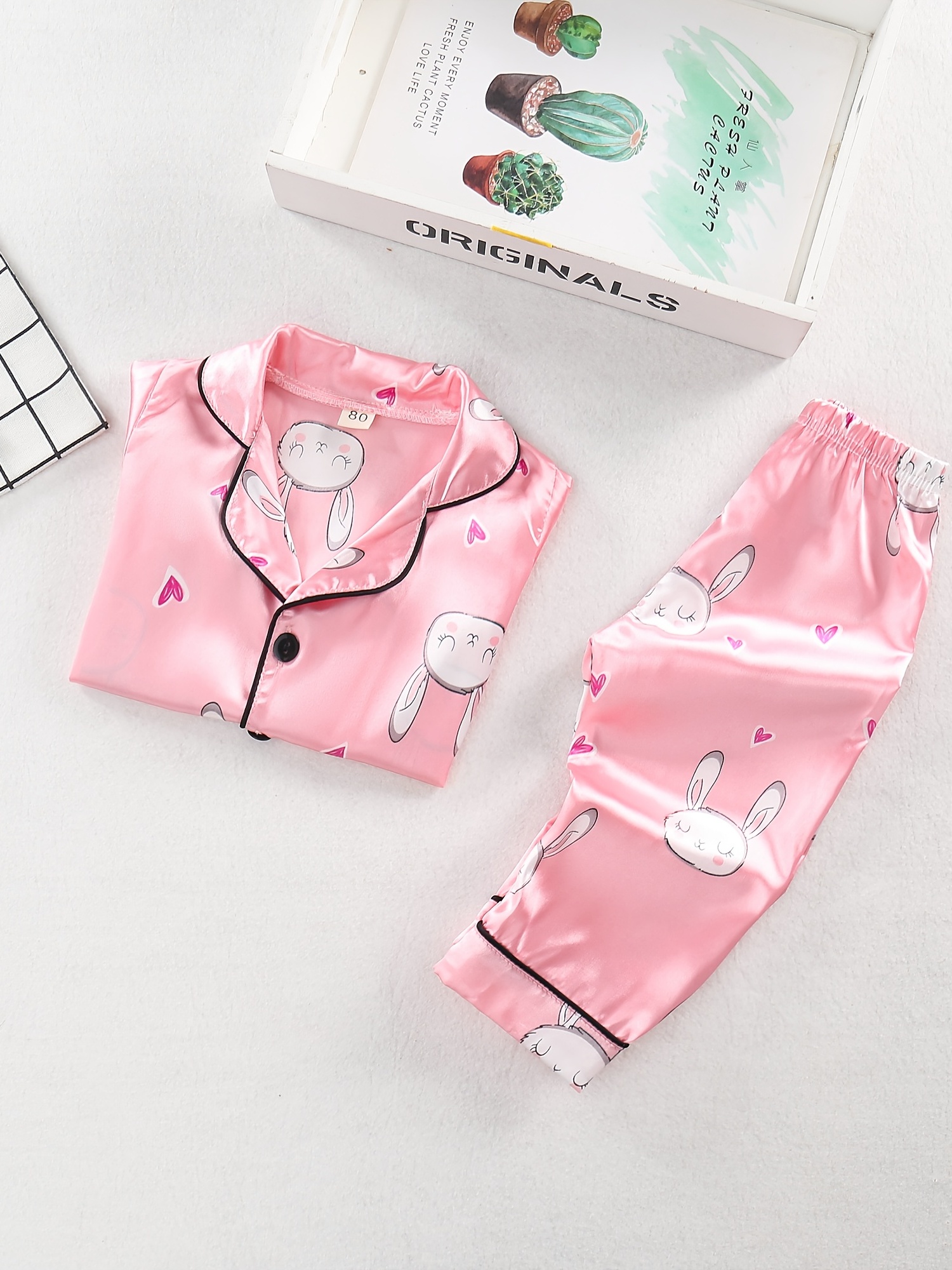 Girl's Rabbit Pattern 2pcs Button Front Long Sleeve Top & Pants Set