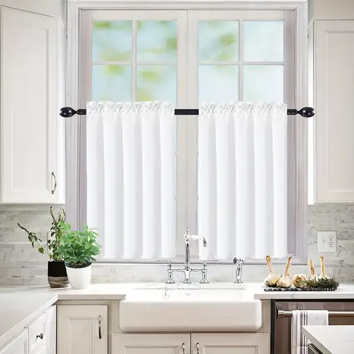 Cortinas de cocina color gris y blanco de 36 pulgadas, juego de cortinas  cortas para ventanas con estampado de hojas, 2 paneles