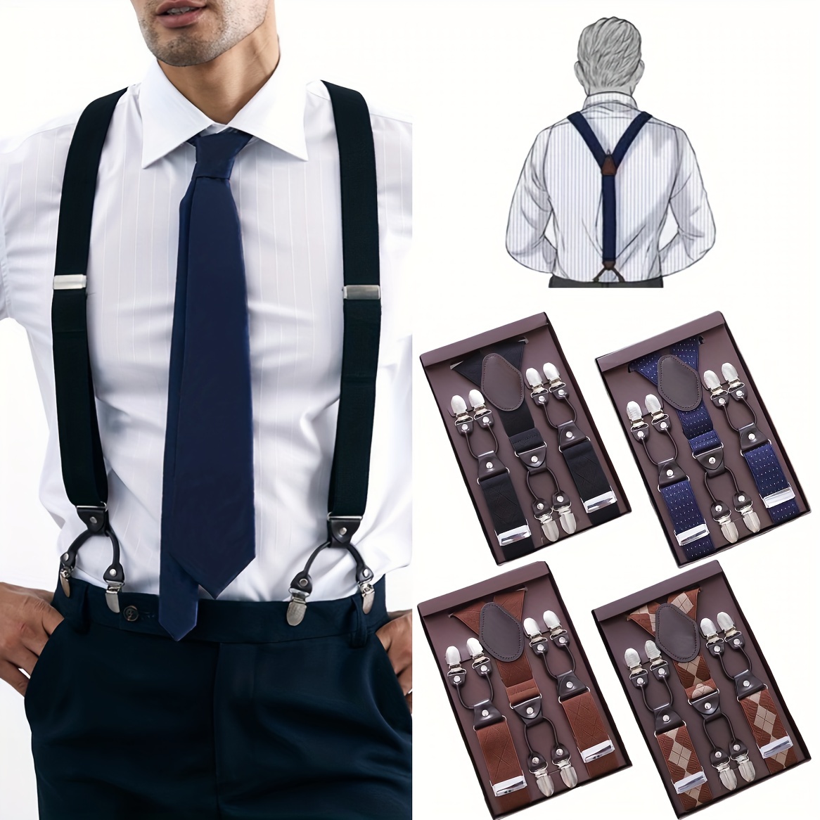 Mens Suspenders With 6 Metal Protection Clips Elastic Adjustable Y