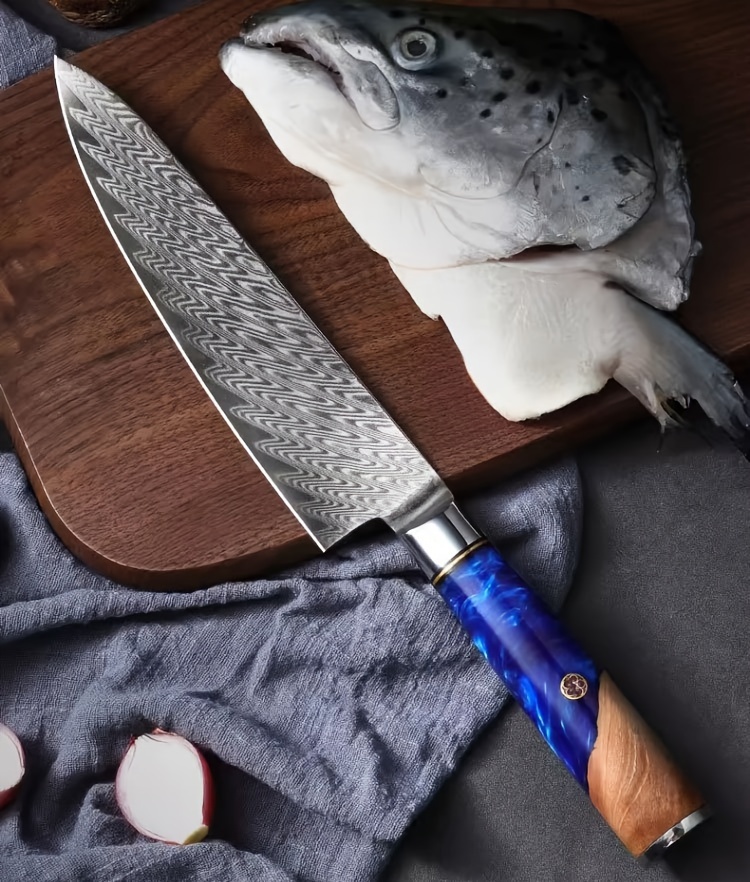 Damascus Knife Steel Kitchen Knife With Blue Resin Handle - Temu