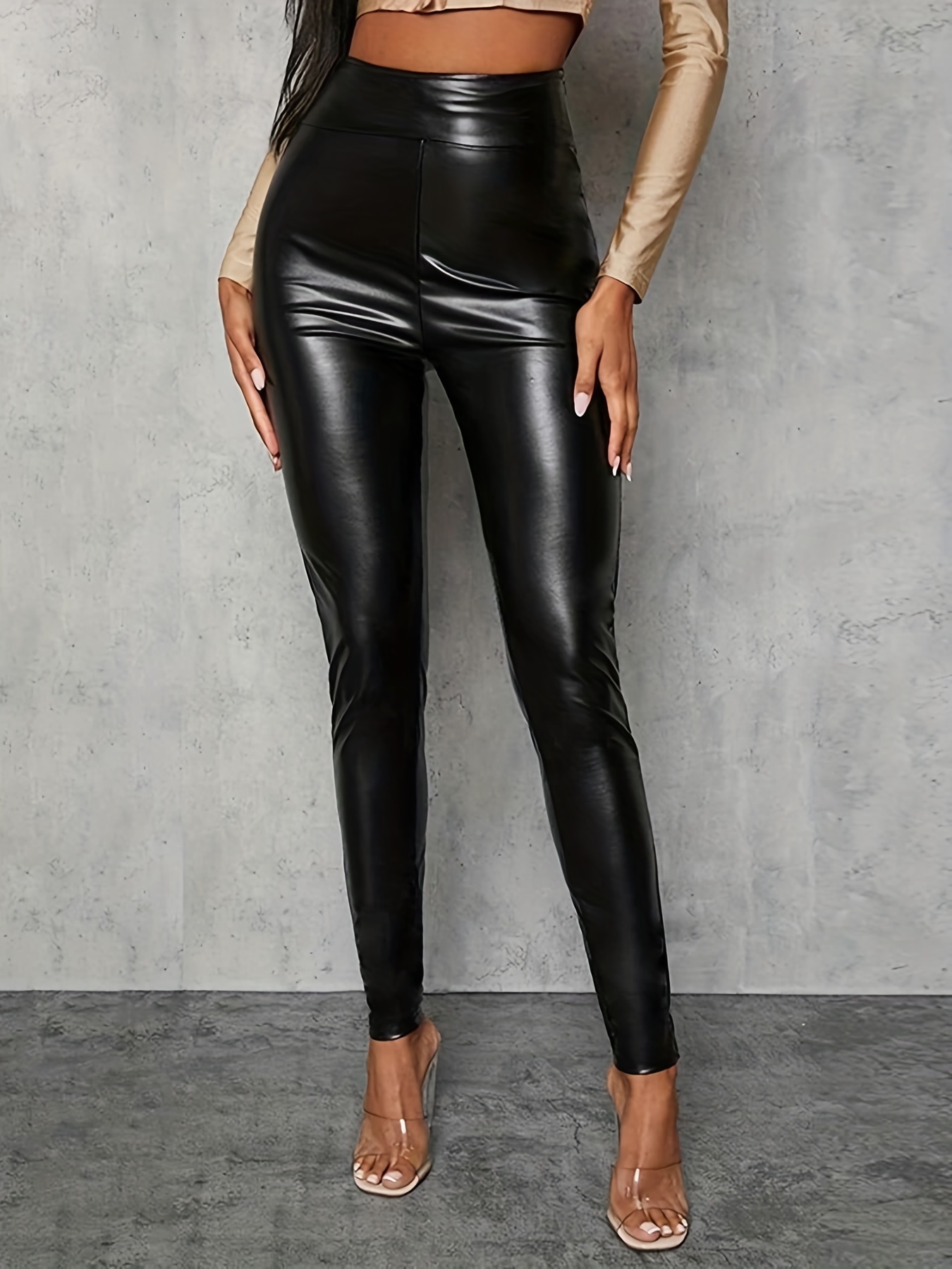 Women's Stretchy Faux Leather Leggings High Waist Front Seam