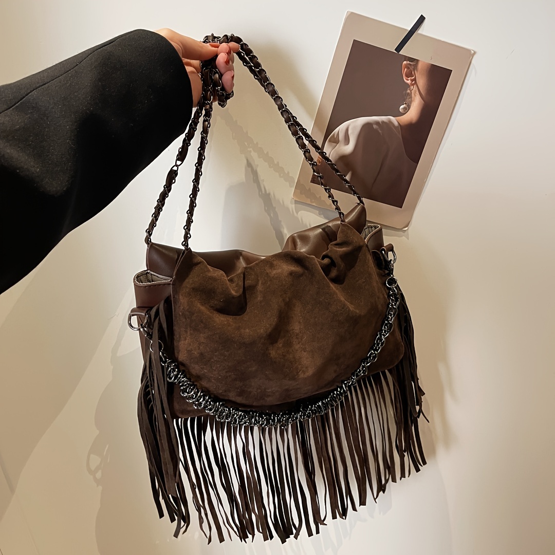 Retro Fringe Shoulder Bag, Punk Style Chain Handbag, Western Tassel  Underarm Bag For Women