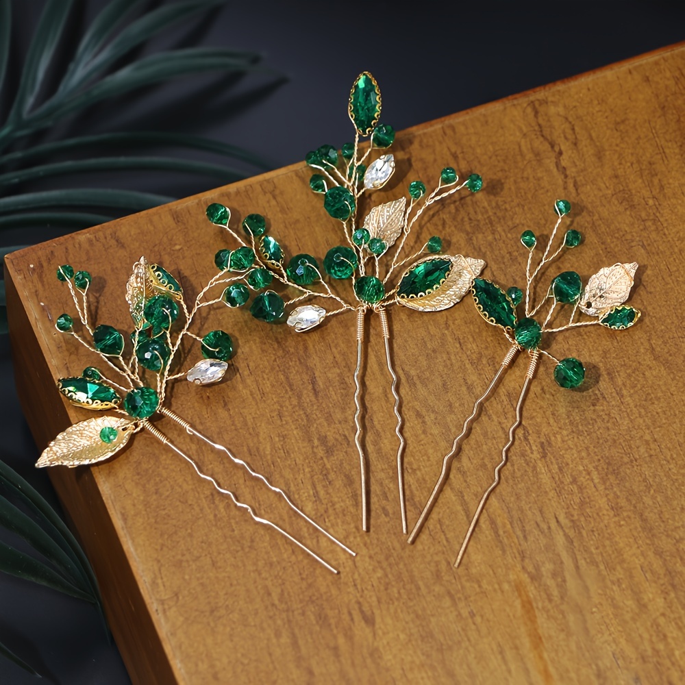 

Élégante Barrette à Cheveux Feuille Verte Artisanale de Style - Accessoire de Mariage en de U avec Strass, Non Lavable, Photographie, Peigne à Cheveux