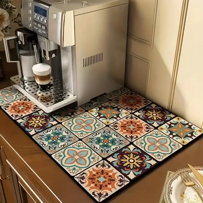 Quick Dry Coffee Mat, Coffee Bar Accessories, Non-slip Floral Boho